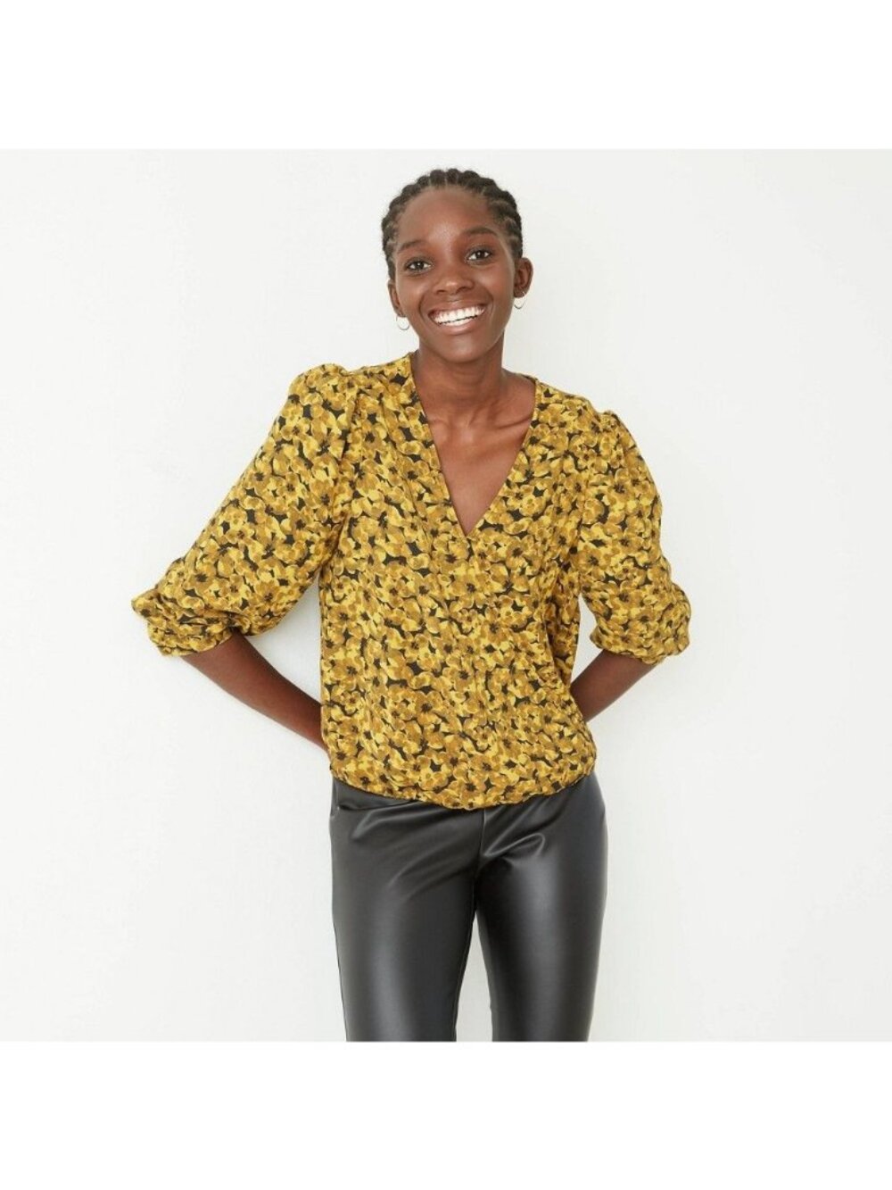 Women's Floral Print Puff Long Sleeve Wrap Top  XS